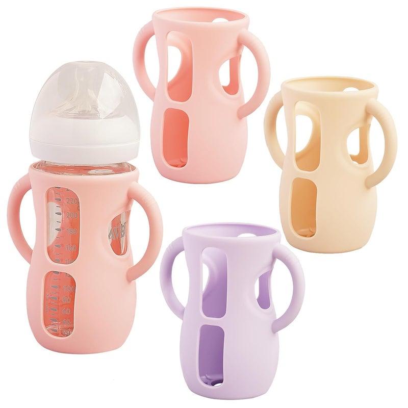 Kingwi 3 Pack Silicone Sleeves for Avent Natural Glass Baby Bottles, Anti Breakage Baby Bottle Holder, Compatible with Philips Avent Glass Natural Baby Bottle (Cute Pink+Light Purple+Beige, 8 OZ) - Image 1